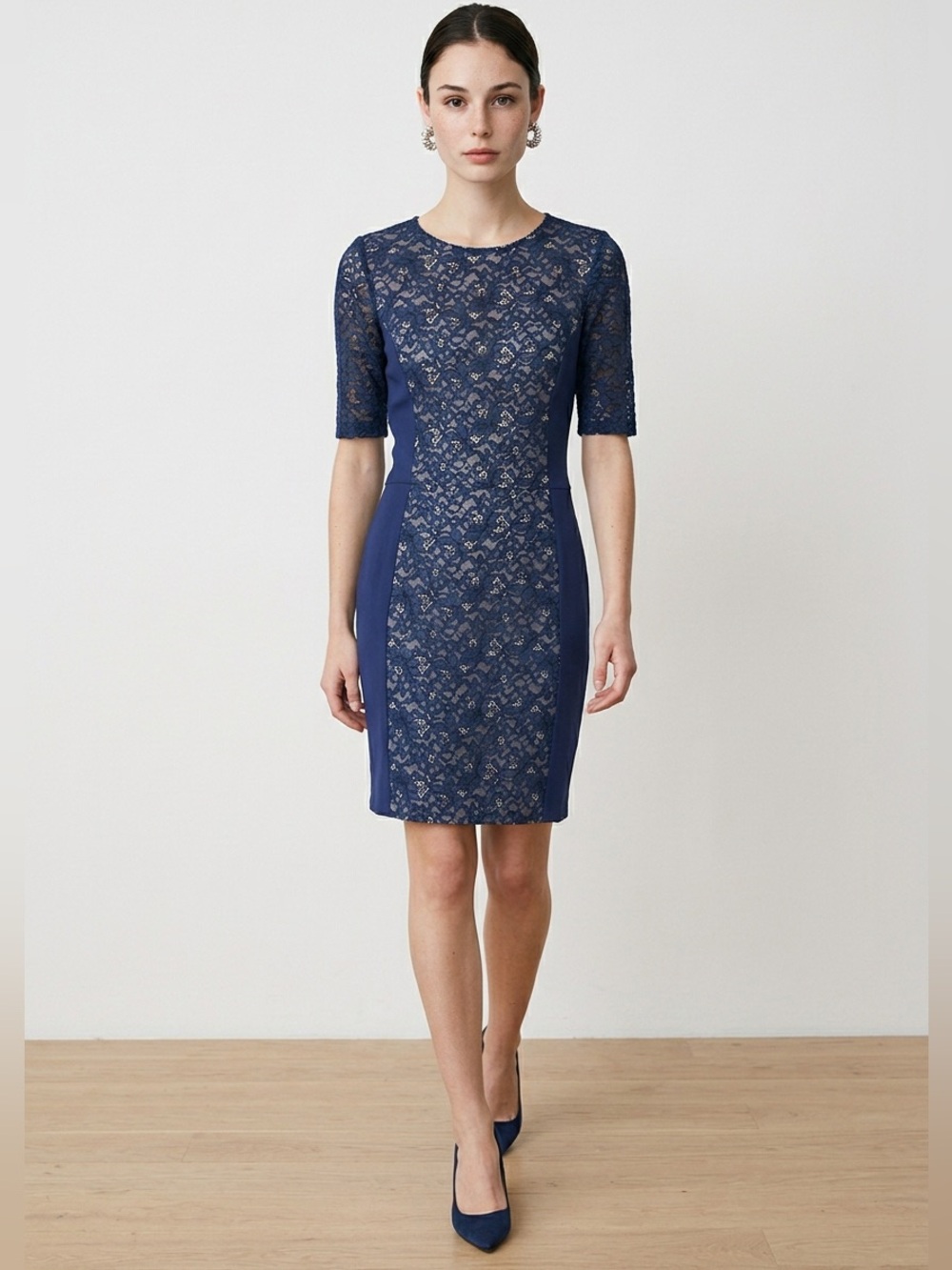 Elegant Navy Lace Sheath Dress - Women